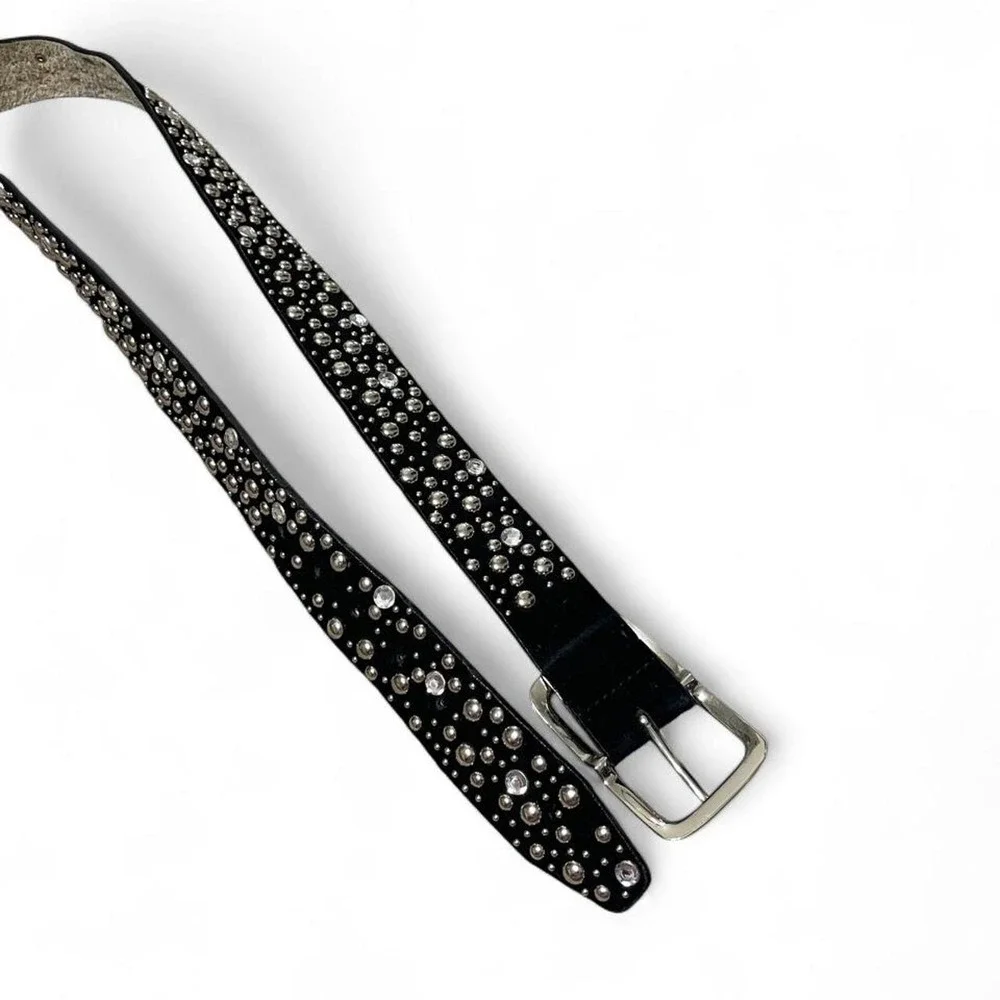 Black leather belt with silver studs and faux diamonds